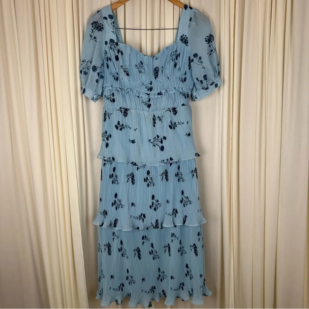 Boohoo Blue Floral Plisse Tiered Frill Midi Dress Spring Wedding Formal NEW US 8 - Picture 3 of 8